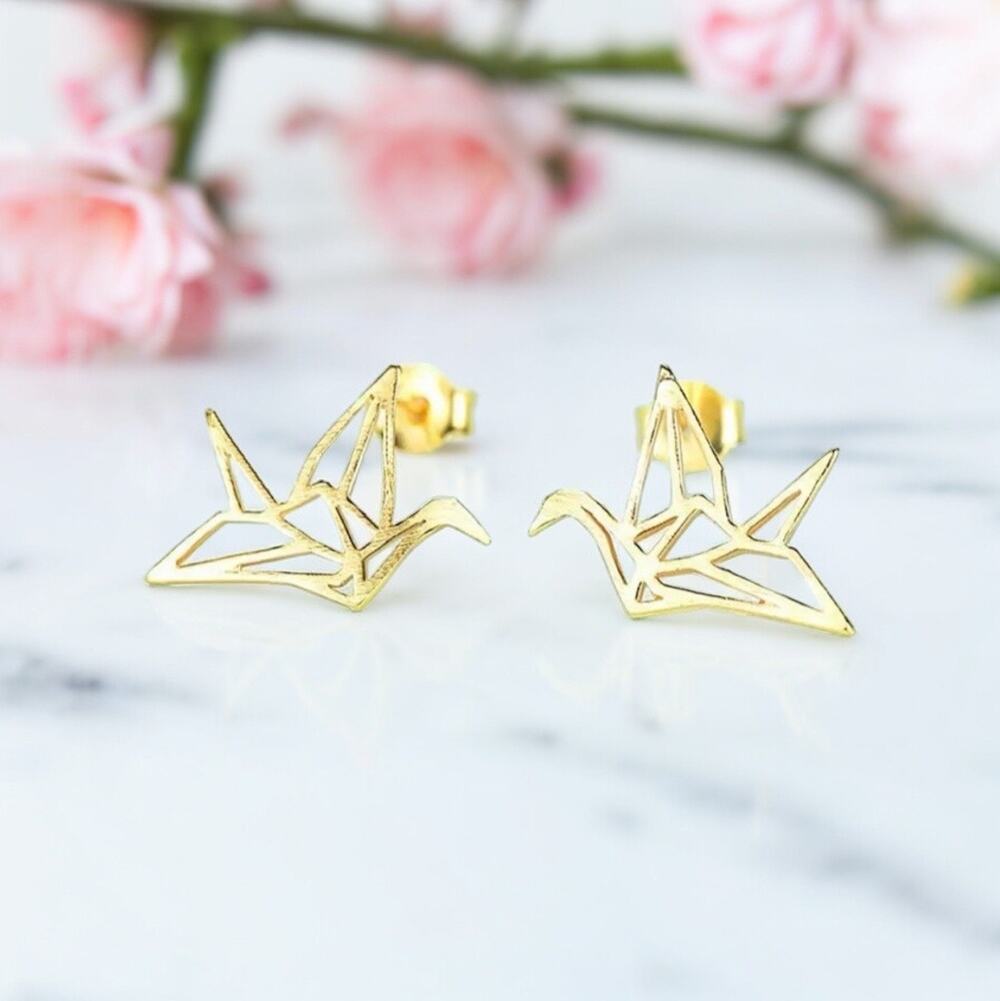 NEW sterling silver crane bird brushed stud earrings jewelry B5A